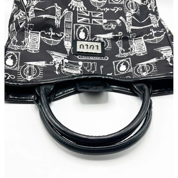 Lulu Guinness London Purse Bag Tote Womens Black White Vinyl Faux Patent Lined - Picture 7 of 12